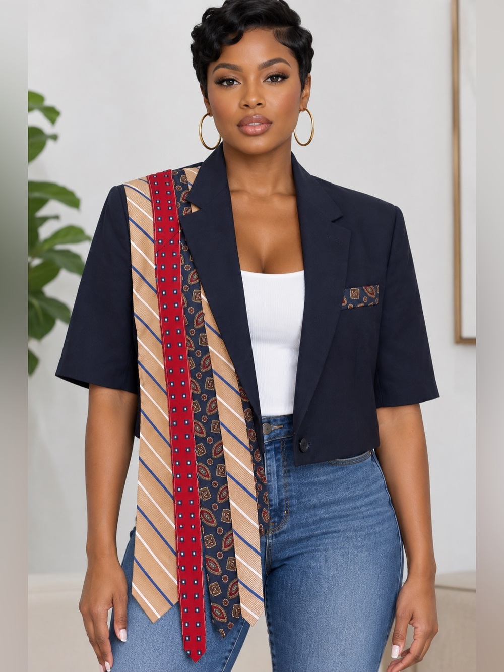Upcycled Navy tie accent cropped  Blazer with Patterned Pocket Square size M/L